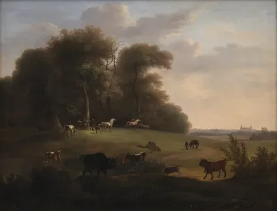 Keld Skov ved Frederiksborg med en del af det kongelige stutteri. I forgrunden schweizer- og tyrolerkvæg