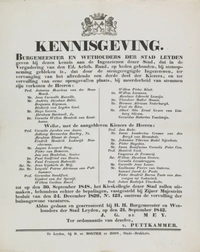 Kennisgeving wie verkozen zijn in de Raad van Leiden, 1842
