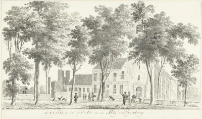 Kerk en gedeelte van de ruïne van de Abdij te Rijnsburg