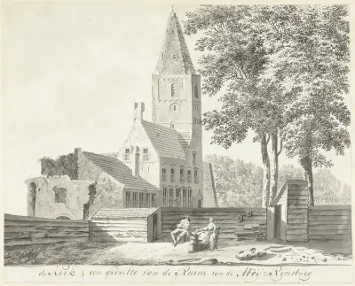 Kerk en gedeelte van de ruïne van de abdij van Rijnsburg