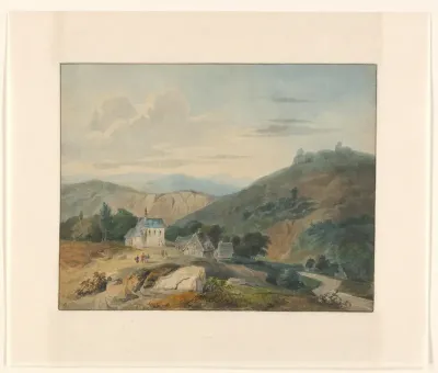 Kerk en huizen in een berglandschap