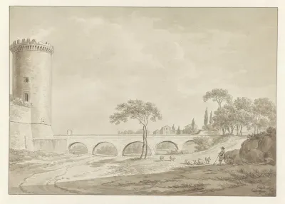 Kerk en klooster van de Capucijner monniken in Tivoli; op de voorgrond een brug en een toren