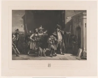 Kerkbaljuw houdt een jongen met aap bij de arm