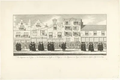 Kerkelijke en wereldlijke leiders in de lijkstoet van Anna van Hannover te Delft, 1759
