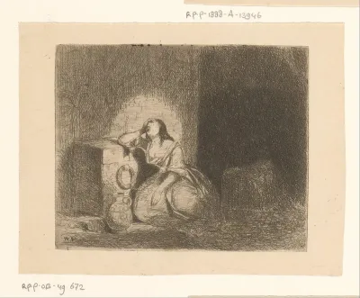 Kerker met vrouw geketend aan een lage muur
