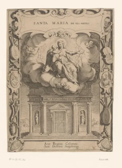 Kerkfaçade met Maria met Kind in de wolken, omgeven door engelen