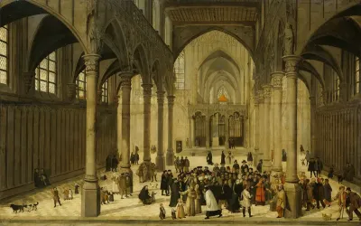 Kerkinterieur met Christus predikend voor een menigte