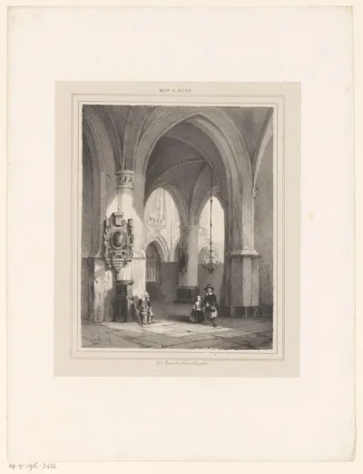 Kerkinterieur met drie figuren