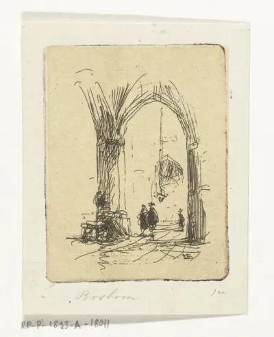 Kerkinterieur met drie figuren