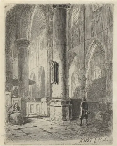 Kerkinterieur met een jongen en een zittende vrouw