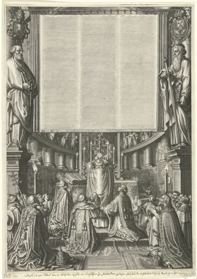 Kerkinterieur met eucharistieviering