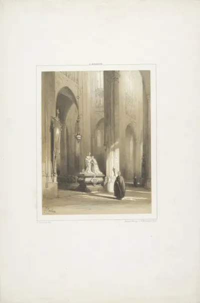 Kerkinterieur met geestelijke en graftome