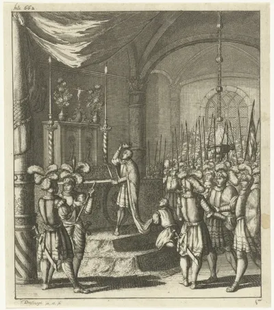 Kerkinterieur met heerser bij altaar en leger soldaten