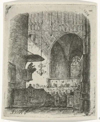 Kerkinterieur met kerkdienst