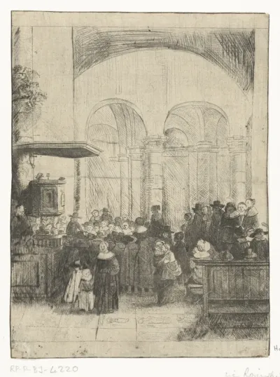 Kerkinterieur met kerkgangers