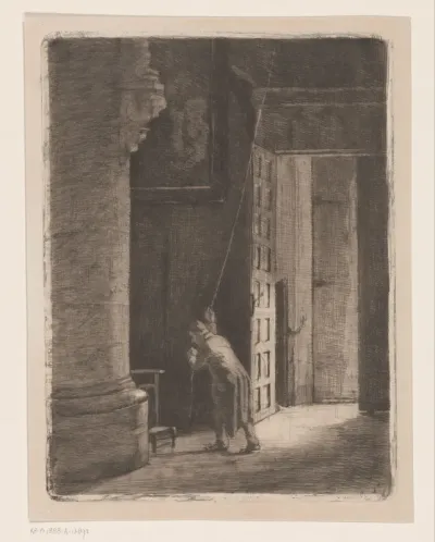Kerkinterieur met klokkenluider