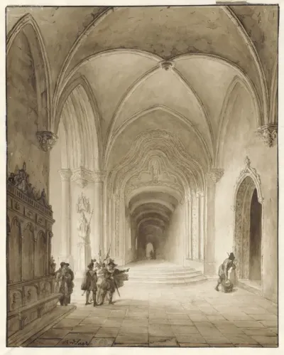 Kerkinterieur met krijgslieden bij de ingang