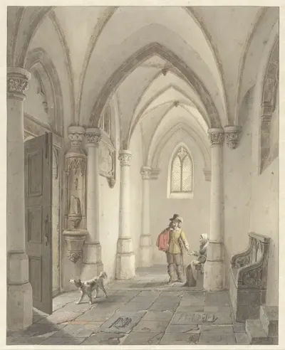 Kerkinterieur met man die bedelaarster een aalmoes geeft