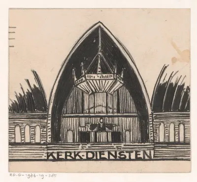 Kerkinterieur met predikant achter de kansel