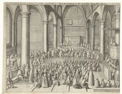 Kerkinterieur met preek, doop en avondmaal