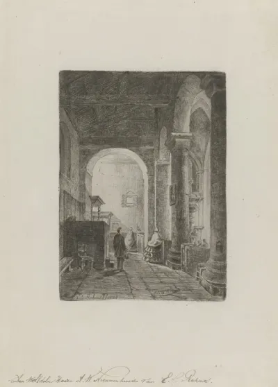Kerkinterieur met twee vrouwen en een man