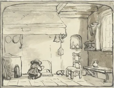 Keukeninterieur met knielend figuurtje bij de schouw