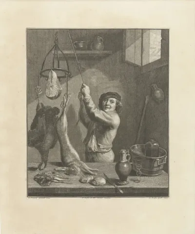 Keukeninterieur met man en jachtbuit