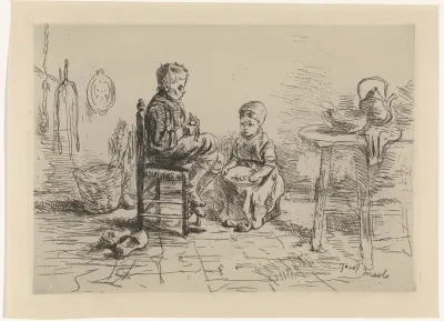 Keukeninterieur met twee kinderen