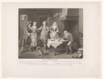 Keukeninterieur met twee mannen en twee vrouwen naast een man aan tafel