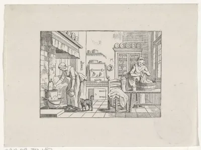 Keukeninterieur met twee vrouwen aan het werk