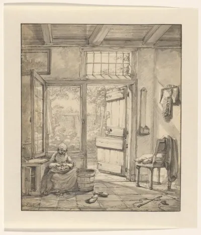 Keukeninterieur met uitzicht op een tuin (van Abraham van Strij)