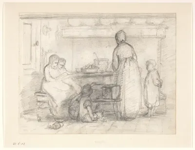 Keukeninterieur met vrouw en kinderen