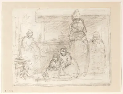 Keukeninterieur met vrouwen en kinderen