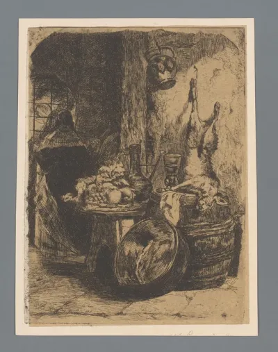 Keukenscène met een stilleven met haas, fruit, kan en glas