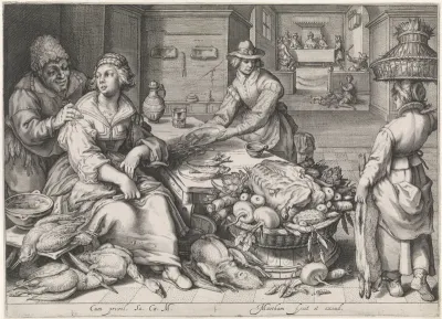 Keukenstuk met gelijkenis van de rijke man en de arme Lazarus