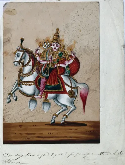 Khandobā, riding on a white horse, holding the trident and his consort, Mhalsa