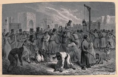 Khiva, Uzbekistan: a woman being stoned to death and a man being hanged