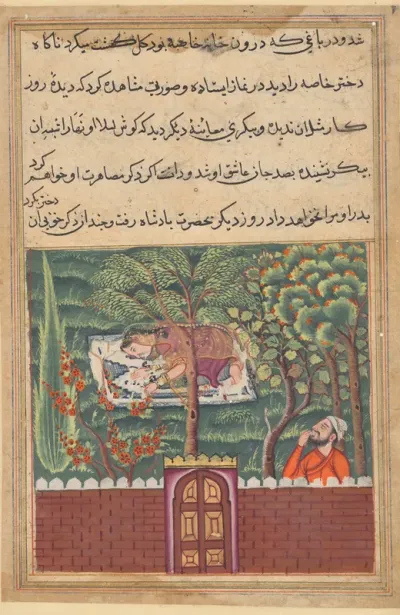 Khulasa, a vizier, sees the daughter of Khassa, another vizier, and covets her, from a Tuti-nama (Tales of a Parrot): Fifty-first Night