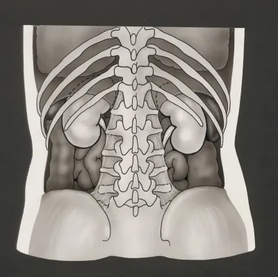 Kidneys seen through the ribcage and spine