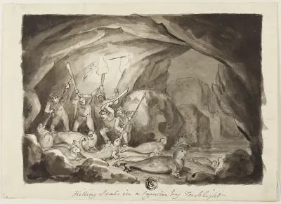 Killing Seals in a Cavern by Torchlight (recto); Sketch of Hunters and Board (verso)