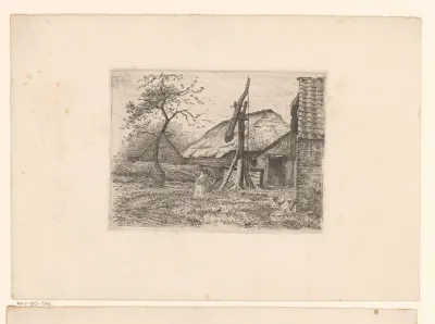 Kind en kippen bij een boerderij met waterput