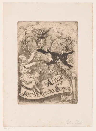 Kind met fakkel en rooster op een cartouche met florale ranken