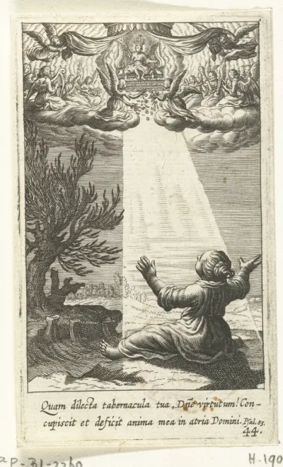 Kind op aarde zit in lichtstralen van tronende engel in hemel
