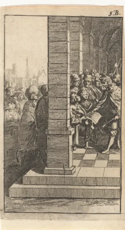 Kinderen bieden keizer Augustus(?) een brief met zegels aan