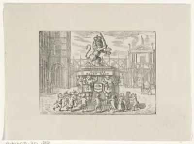 Kinderen dansend in een kring om een monument van de Zeven Provinciën