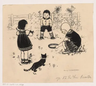 Kinderen spelend met poezen in een tuin