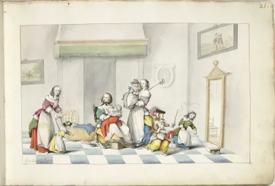 Kinderkamer met drie vrouwen en kinderen