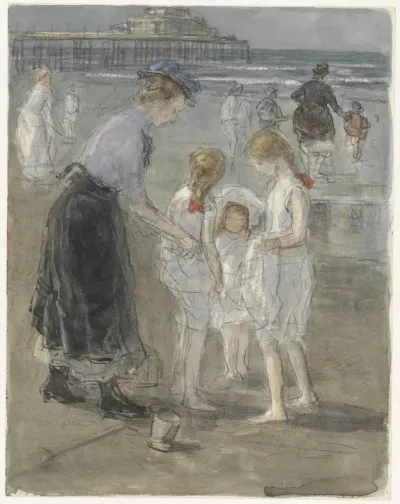 Kindermeisje met drie meisjes op het strand van Scheveningen