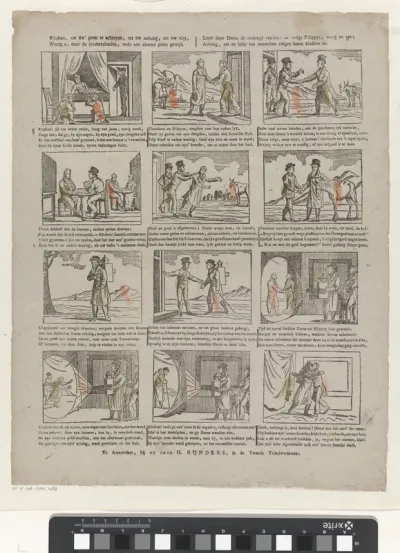 Kindren, om uw' geest te scherpen, tot uw oefning, tot uw vlijt, / Wordt u, door de kindervrienden, weêr een nieuwe prent gewijd / Leert door Dorus de ondeugd vlieden: - volgt Filippus, vroeg en sla; / Achting, eer en hulp van menschen volgen brave k