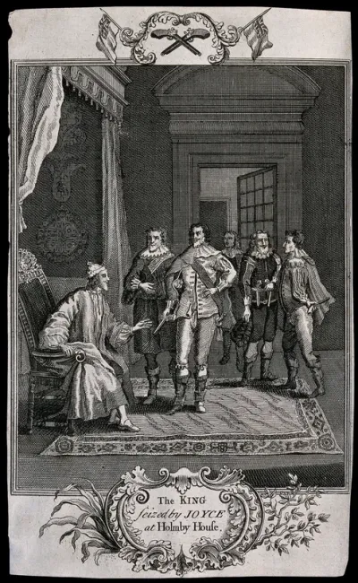 King Charles I at Holdenby House (Holmby House), Northamptonshire, is summoned by Cornet Joyce, who shows the King his pistol as his authority